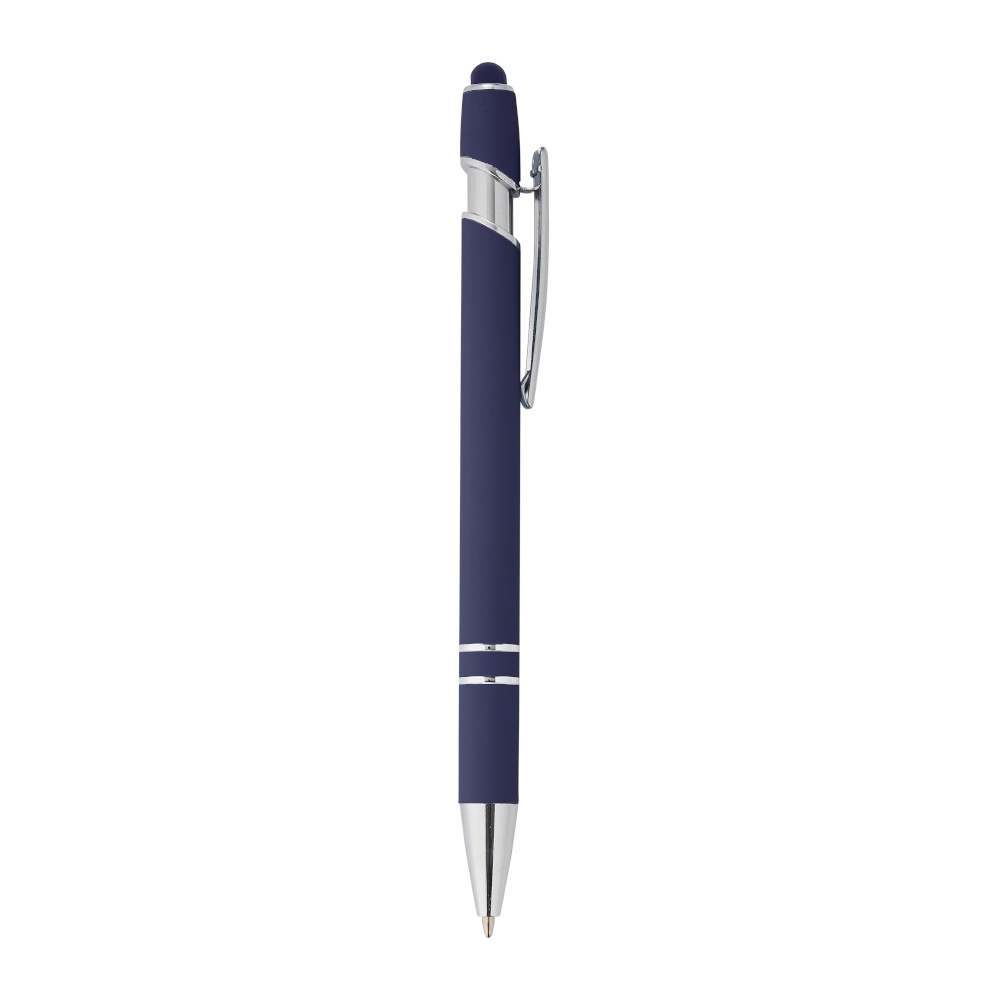 Caneta de metal touch emborrachada com detalhes cromados modelo 2 personalizada com a logo da empresa, na cor azul