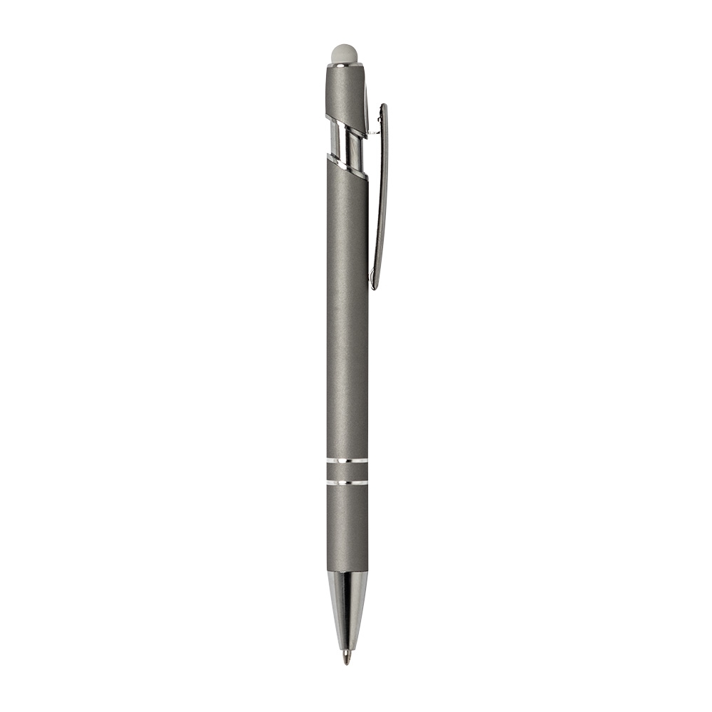 Caneta de metal touch emborrachada com detalhes cromados modelo 2 personalizada com a logo da empresa, na cor chumbo / prata