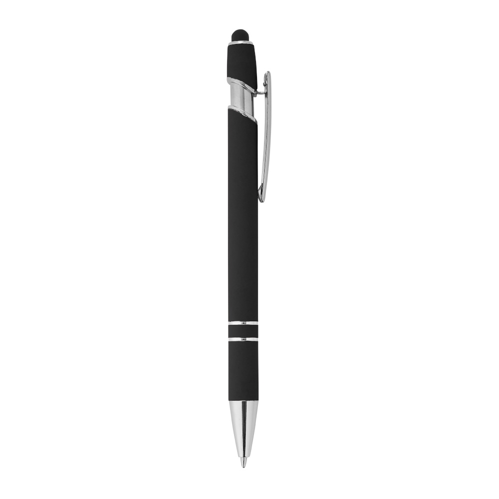 Caneta de metal touch emborrachada com detalhes cromados modelo 2 na cor Preto / Prata, personalizada com a logo da empresa