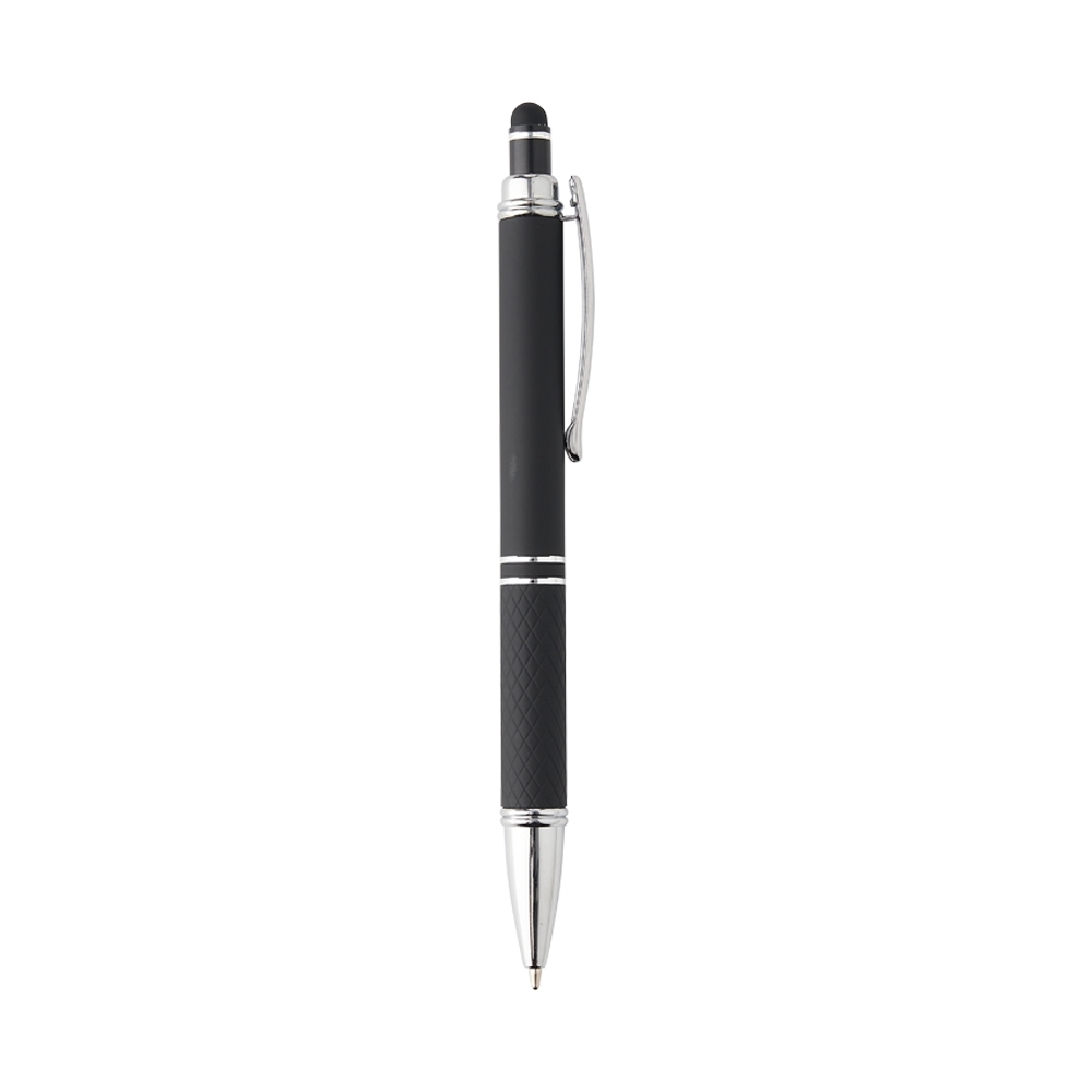 Caneta de metal touch emborrachada com pega texturizada na cor Preto, personalizada com a logo da empresa