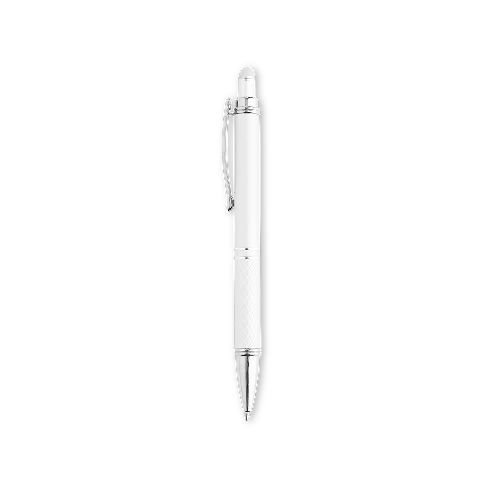 Caneta de metal touch com pega texturizada e detalhes cromados personalizada com a logo da empresa, na cor branco / prata