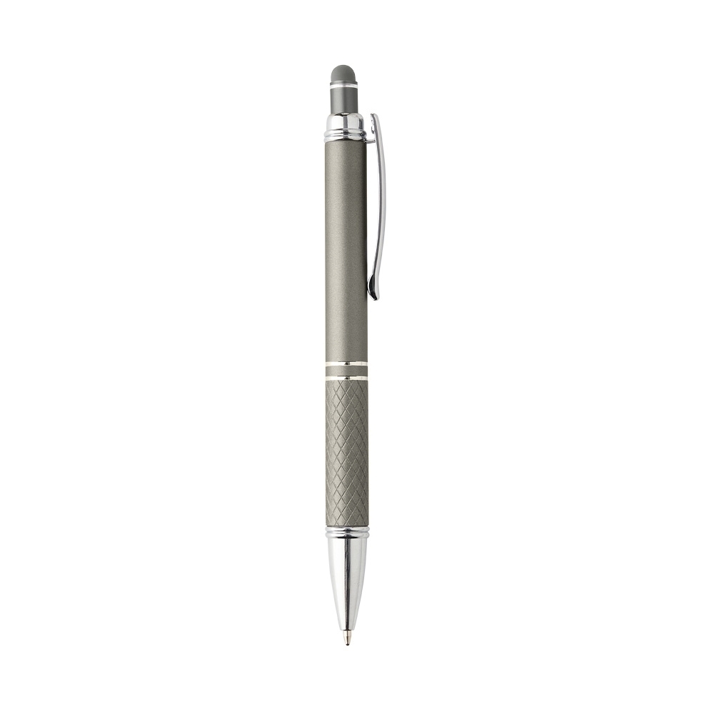 Caneta de metal touch com pega texturizada e detalhes cromados personalizada com a logo da empresa, na cor chumbo