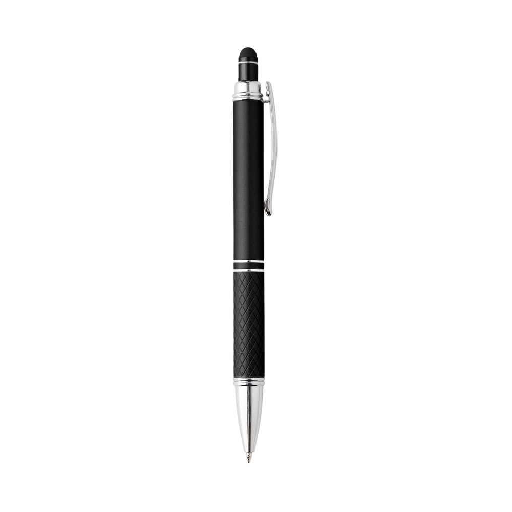 Caneta de metal touch com pega texturizada e detalhes cromados na cor Preto / Prata, personalizada com a logo da empresa