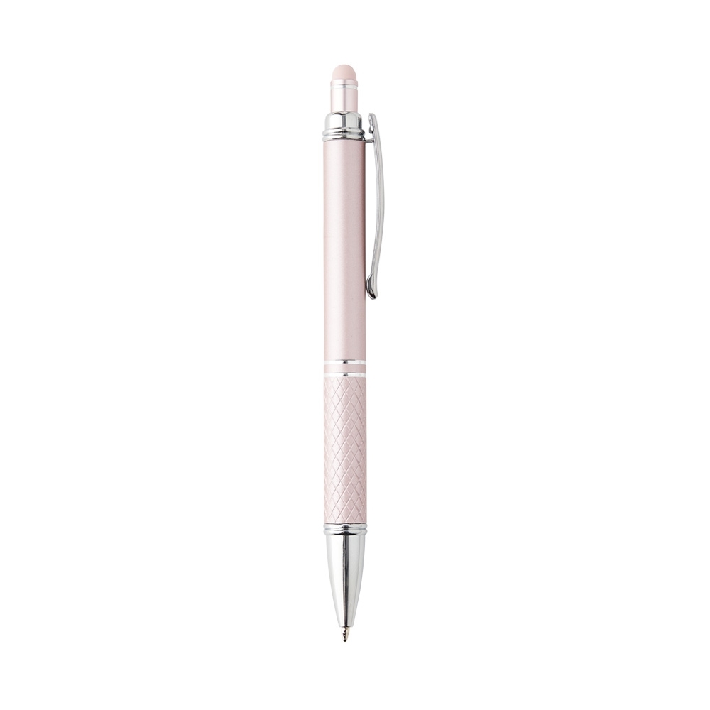 Caneta de metal touch com pega texturizada e detalhes cromados personalizada com a logo da empresa, na cor rosa