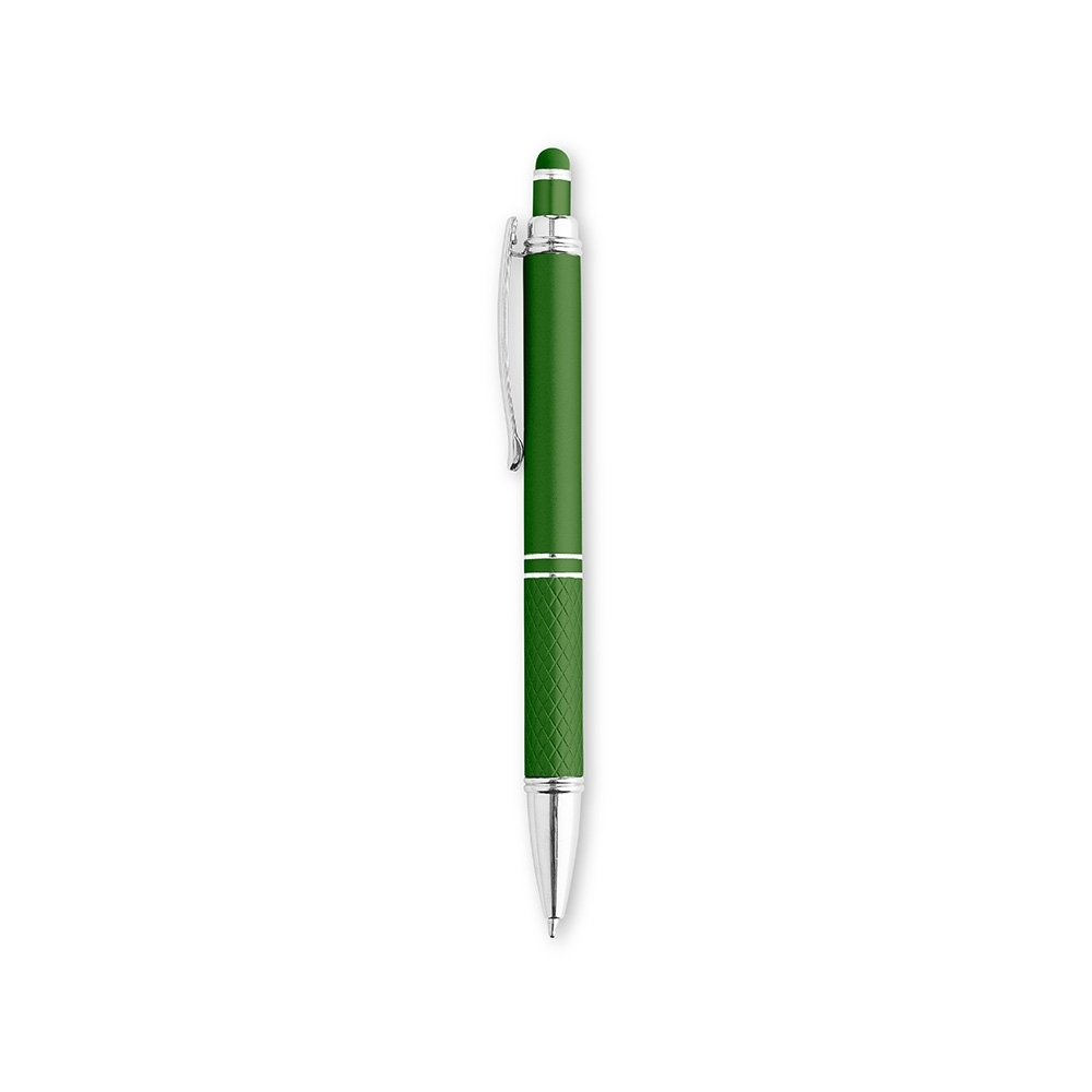 Caneta de metal touch com pega texturizada e detalhes cromados personalizada com a logo da empresa, na cor verde / prata