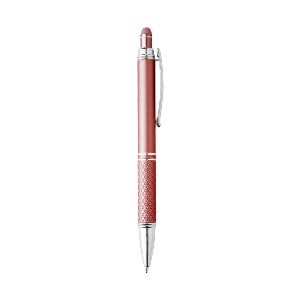 Caneta de metal touch com pega texturizada e detalhes cromados personalizada com a logo da empresa, na cor vermelho / prata