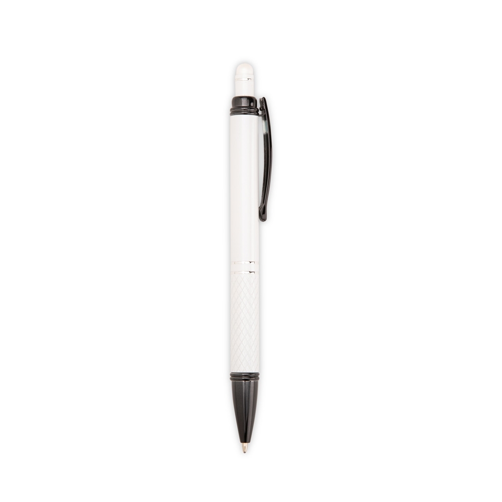 Caneta de metal touch emborrachada na cor Branco / Preto, personalizada com a logo da empresa