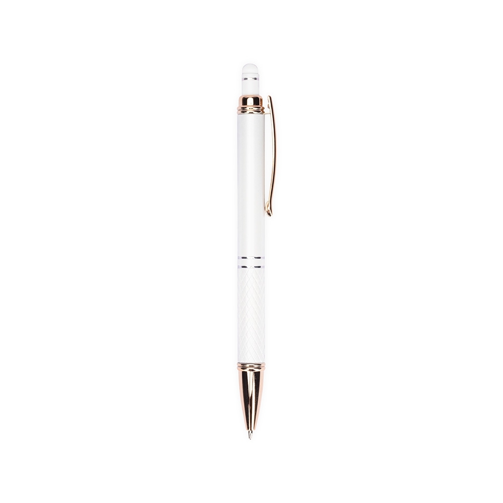 Caneta de metal touch com pega texturizada e clipe acobreado personalizada com a logo da empresa, na cor branco / cobre