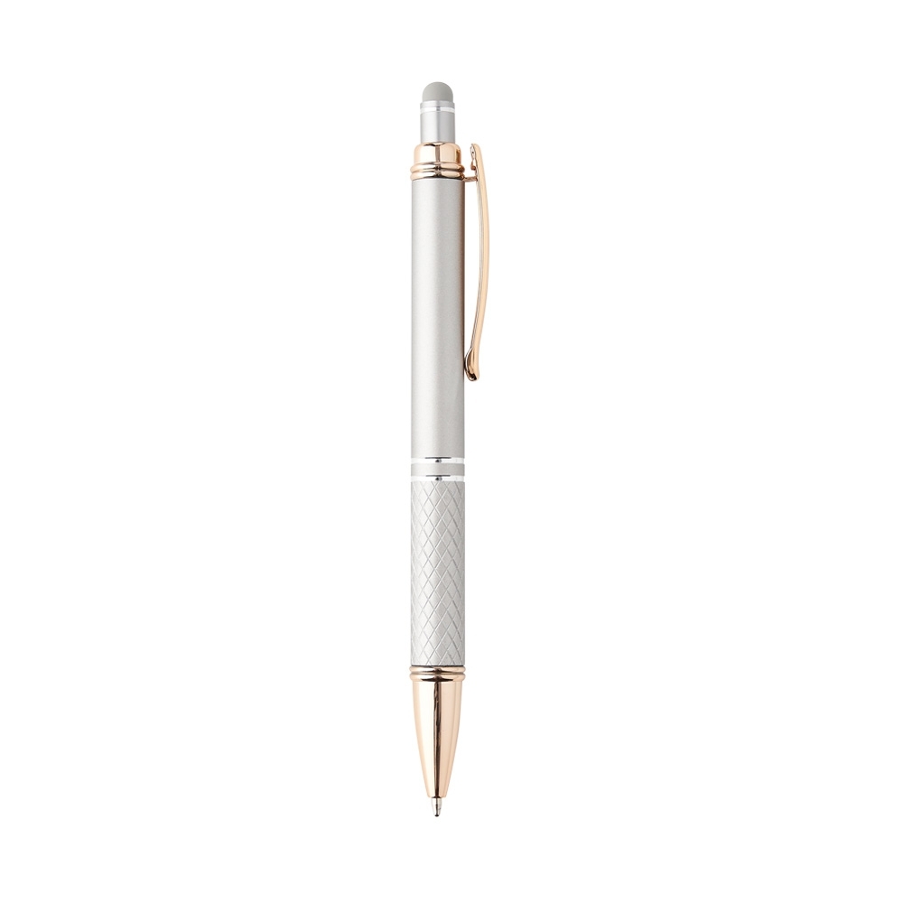 Caneta de metal touch com pega texturizada e clipe acobreado personalizada com a logo da empresa, na cor dourado / cobre