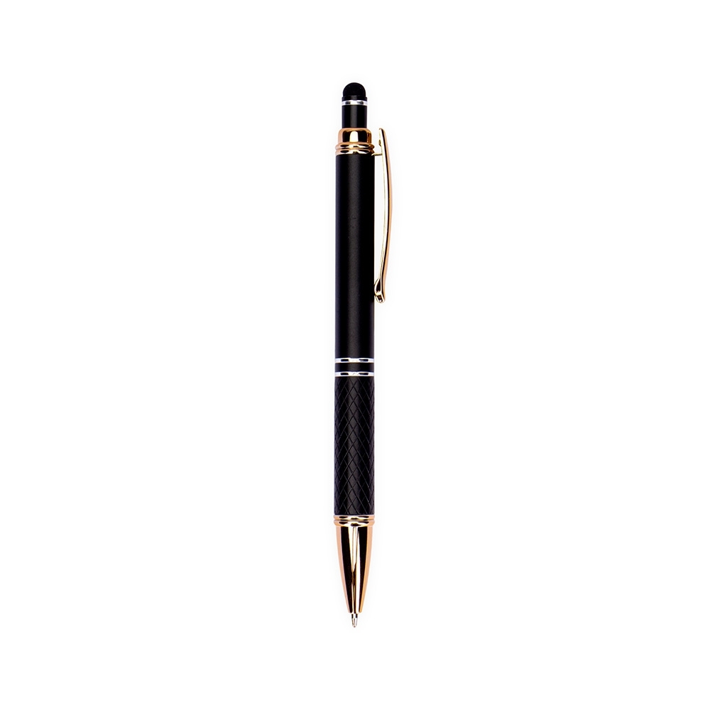 Caneta de metal touch com pega texturizada e clipe acobreado na cor Preto / Cobre, personalizada com a logo da empresa