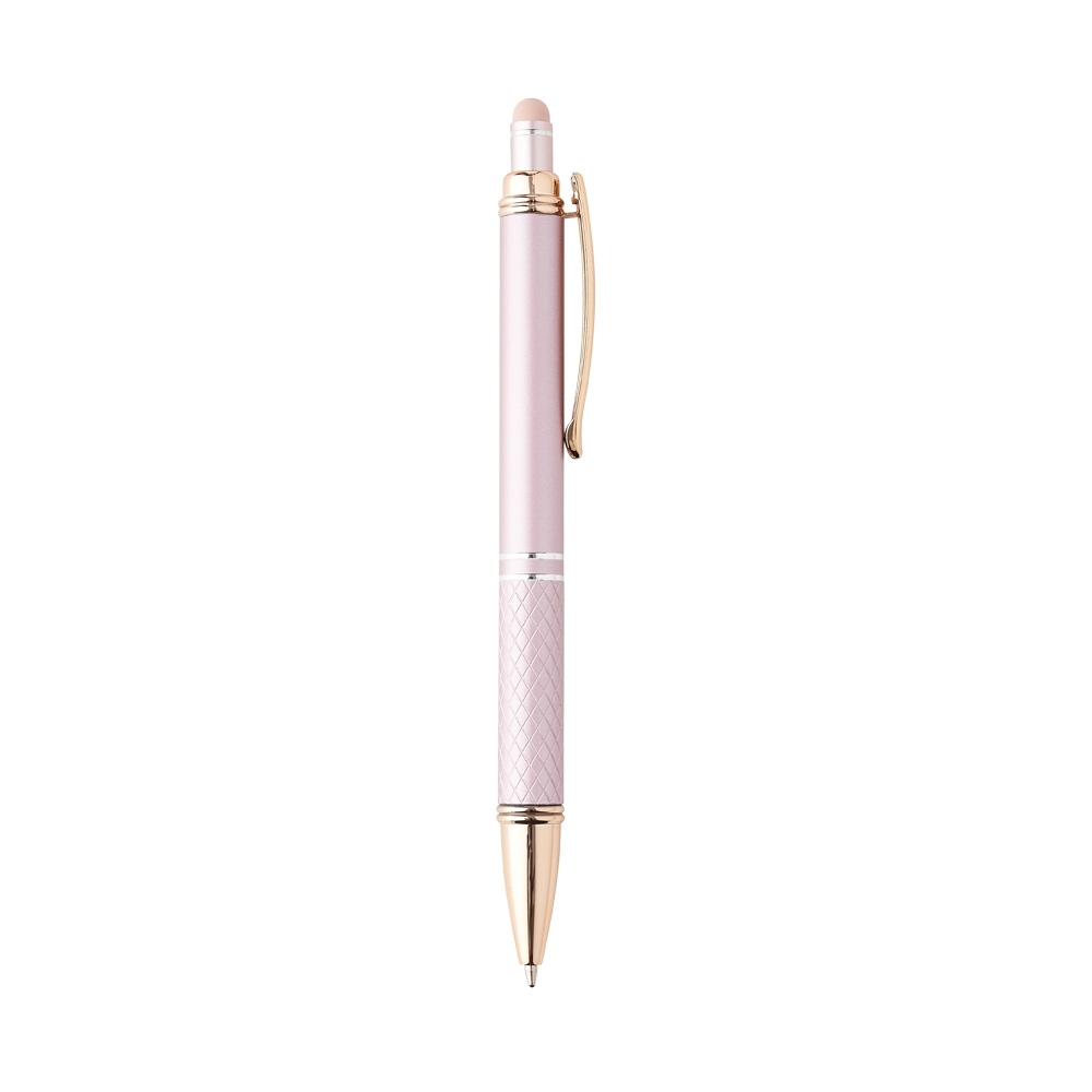 Caneta de metal touch com pega texturizada e clipe acobreado personalizada com a logo da empresa, na cor rosa / cobre
