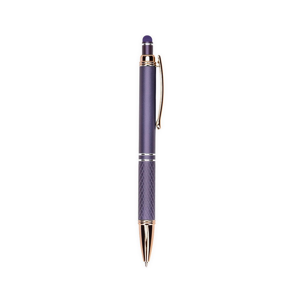 Caneta de metal touch com pega texturizada e clipe acobreado personalizada com a logo da empresa, na cor roxo / cobre