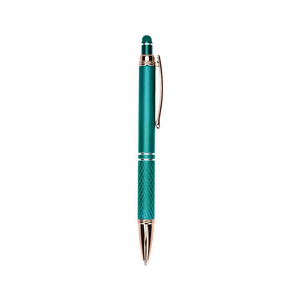 Caneta de metal touch com pega texturizada e clipe acobreado personalizada com a logo da empresa, na cor verde escuro / cobre