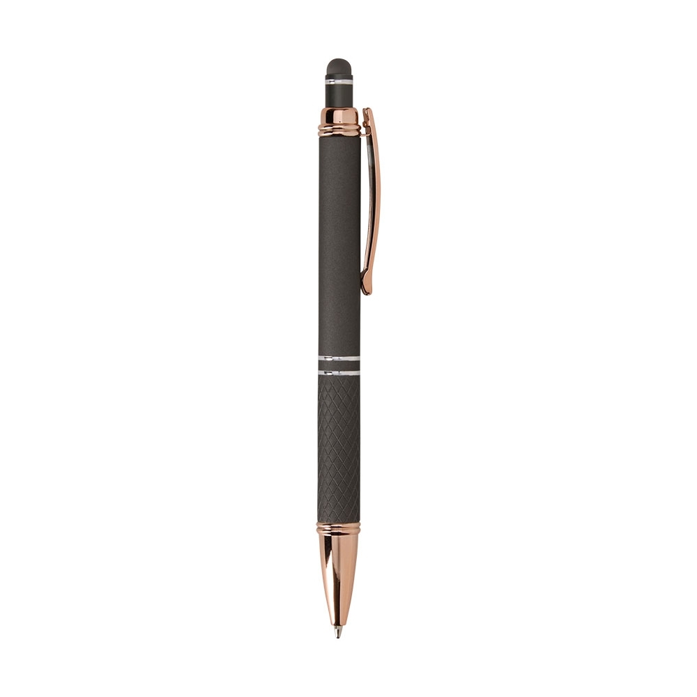 Caneta de metal touch com pega texturizada e clipe acobreado modelo 2 personalizada com a logo da empresa, na cor chumbo / cobre