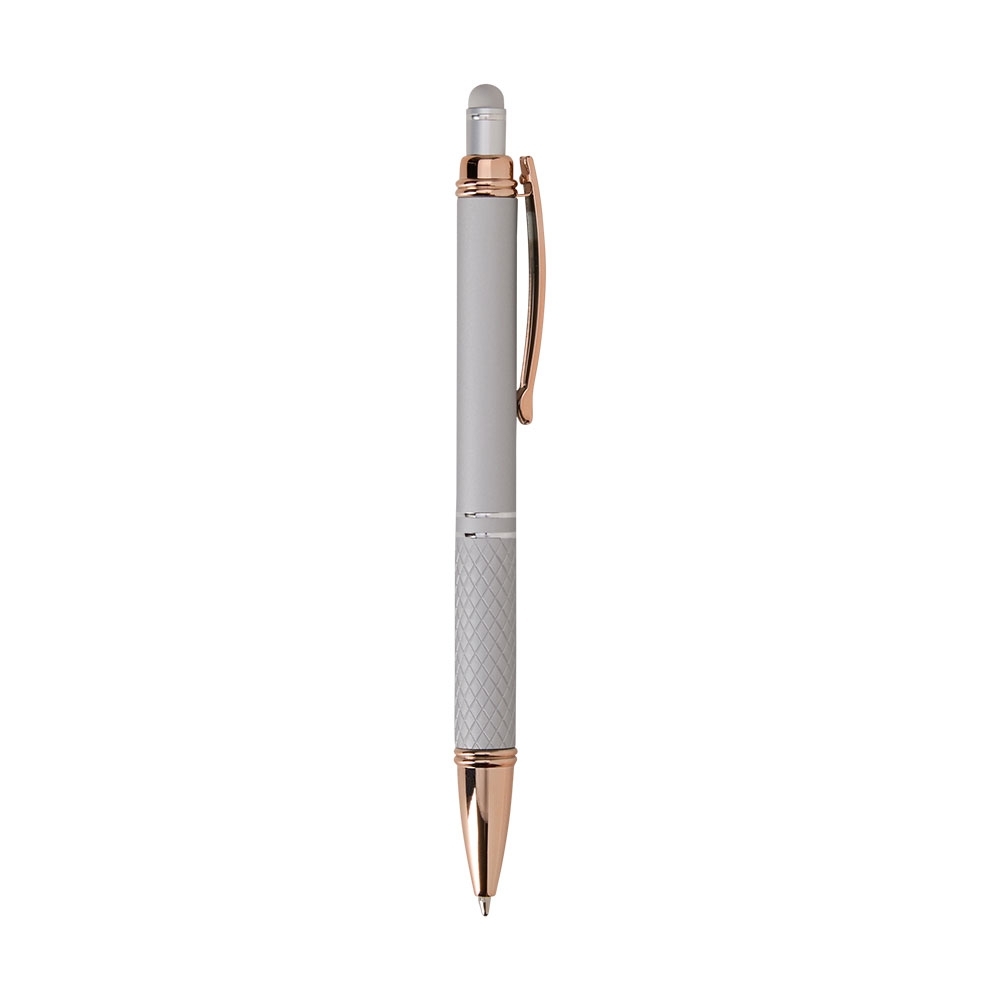 Caneta de metal touch com pega texturizada e clipe acobreado modelo 2 personalizada com a logo da empresa, na cor prata / cobre