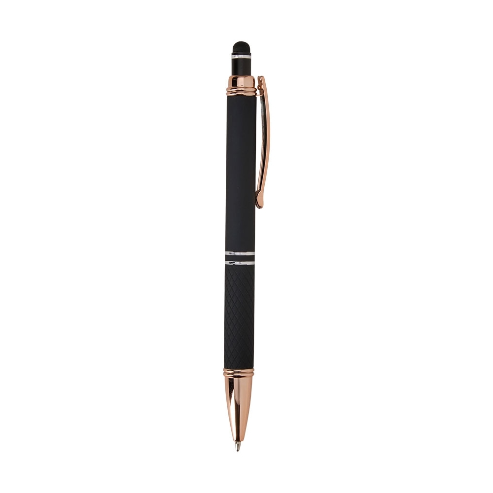 Caneta de metal touch com pega texturizada e clipe acobreado modelo 2 na cor Preto / Cobre, personalizada com a logo da empresa