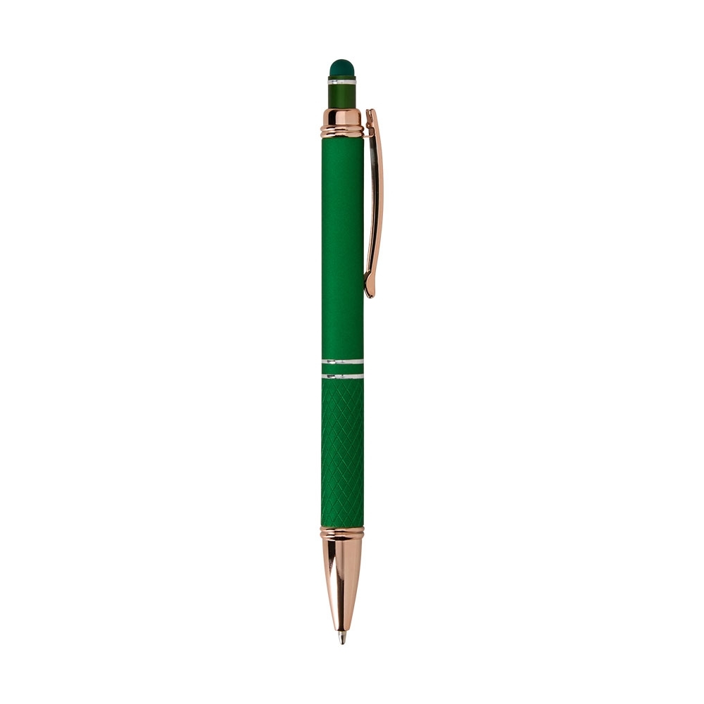 Caneta de metal touch com pega texturizada e clipe acobreado modelo 2 personalizada com a logo da empresa, na cor verde / cobre