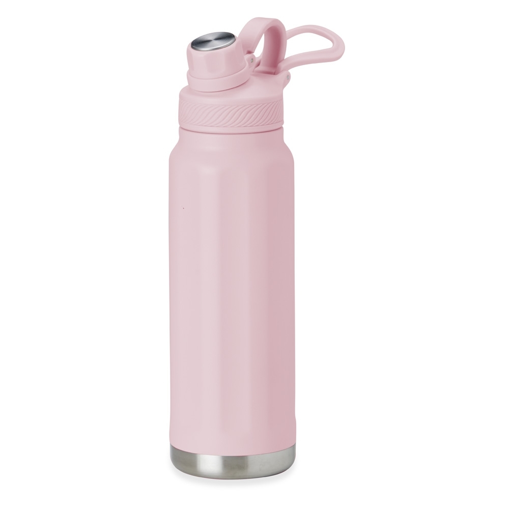 Garrafa térmica 950 ml de inox com alça personalizada com a logo da empresa, na cor rosa claro
