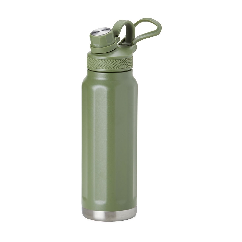 Garrafa térmica 950 ml de inox com alça personalizada com a logo da empresa, na cor verde
