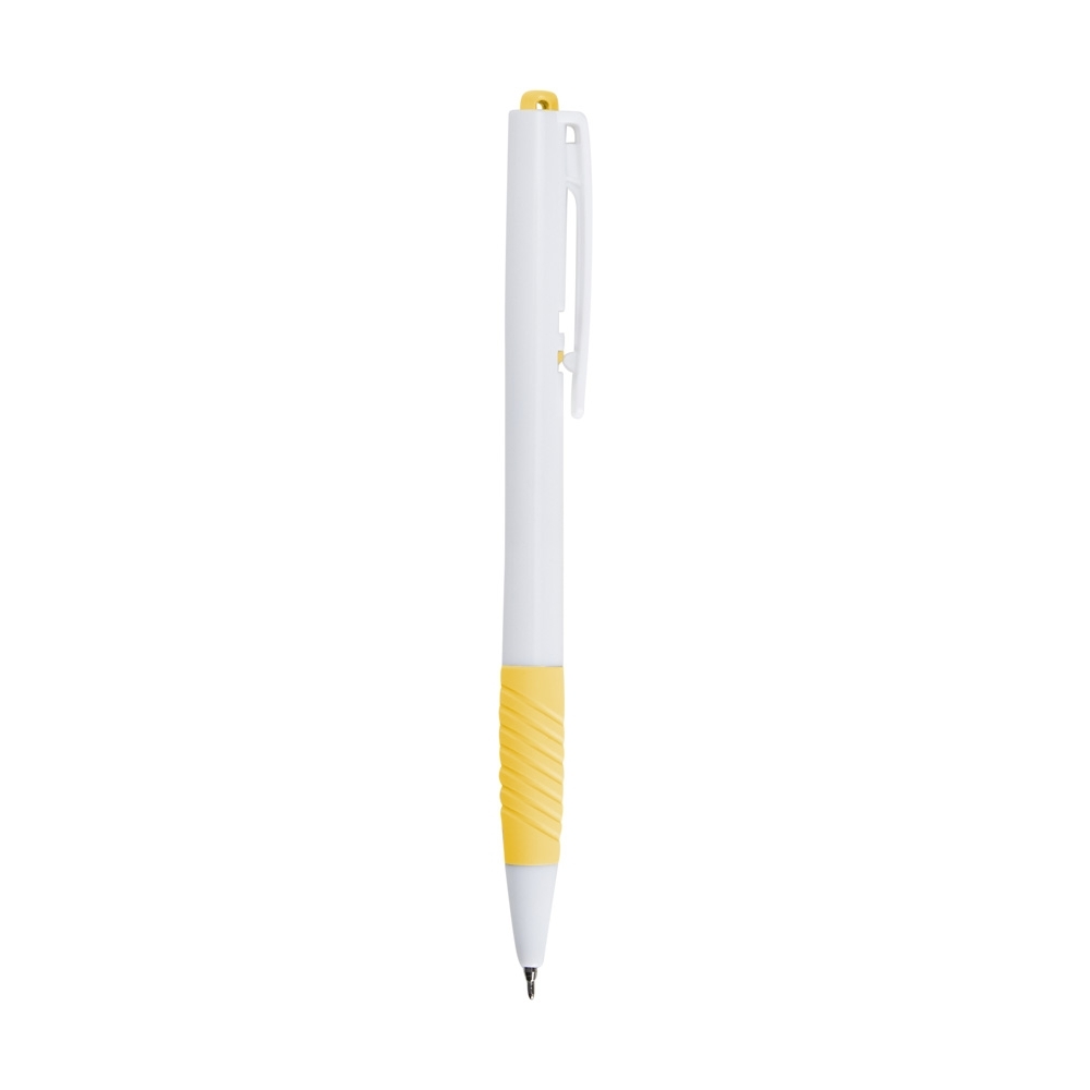 Caneta plástica de corpo branco com pega texturizada e ponta 0,8 mm na cor Branco / Amarelo, personalizada com a logo da empresa