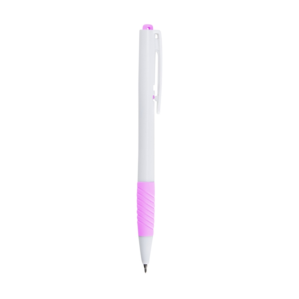 Caneta plástica de corpo branco com pega texturizada e ponta 0,8 mm