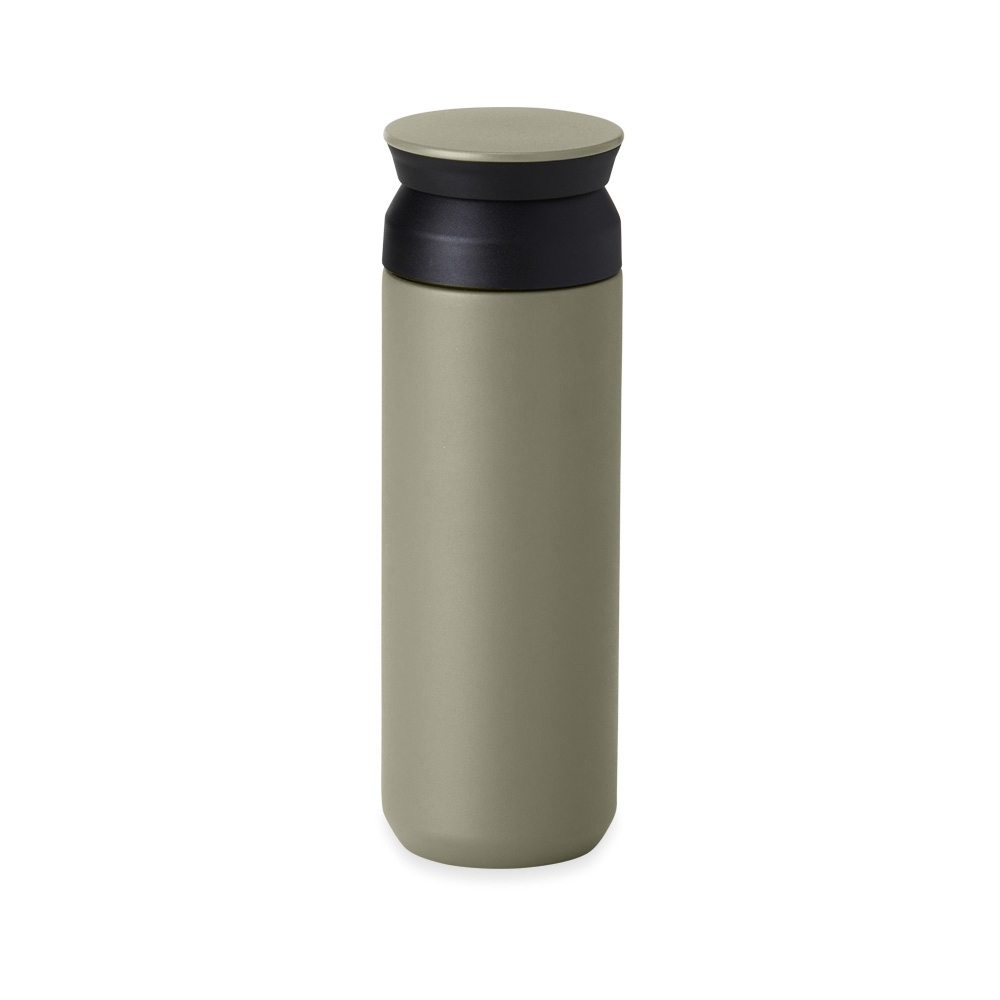 Garrafa térmica 470 ml de inox com tampa de abertura dupla personalizada com a logo da empresa, na cor cinza / preto