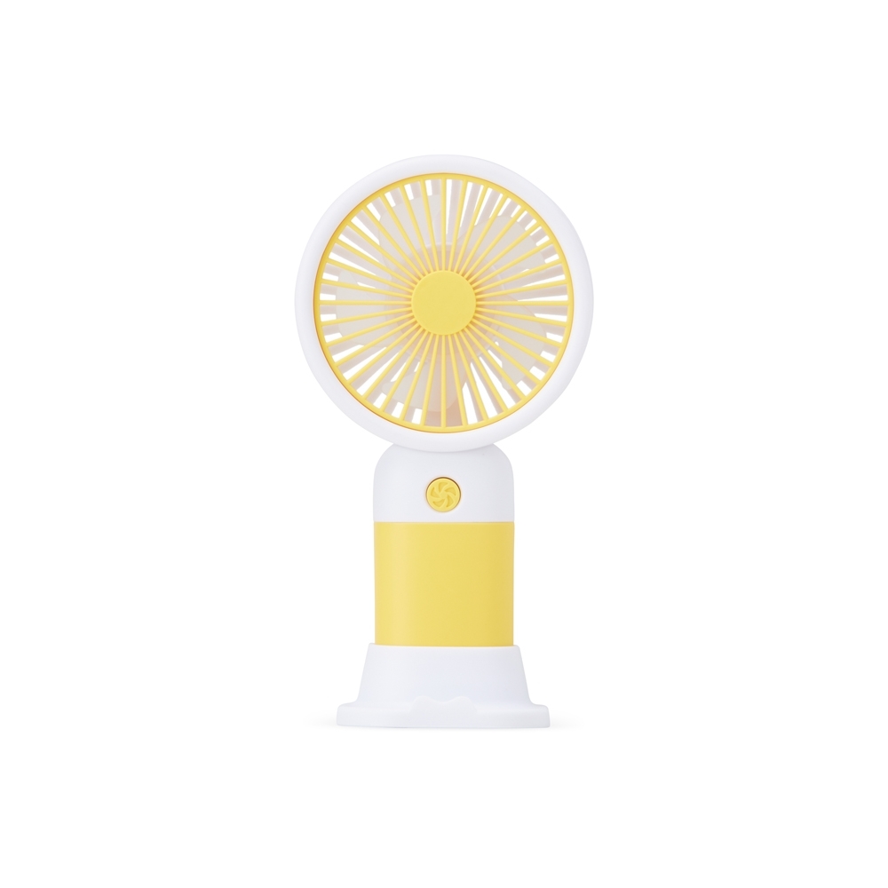 Mini ventilador recarregável de plástico na cor Branco / Amarelo, personalizado com a logo da empresa