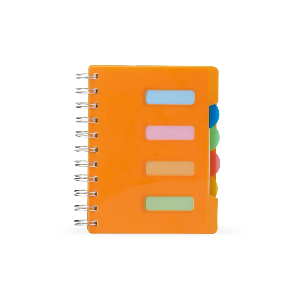 Caderno pequeno com espiral e 103 folhas personalizado com a logo da empresa, na cor laranja