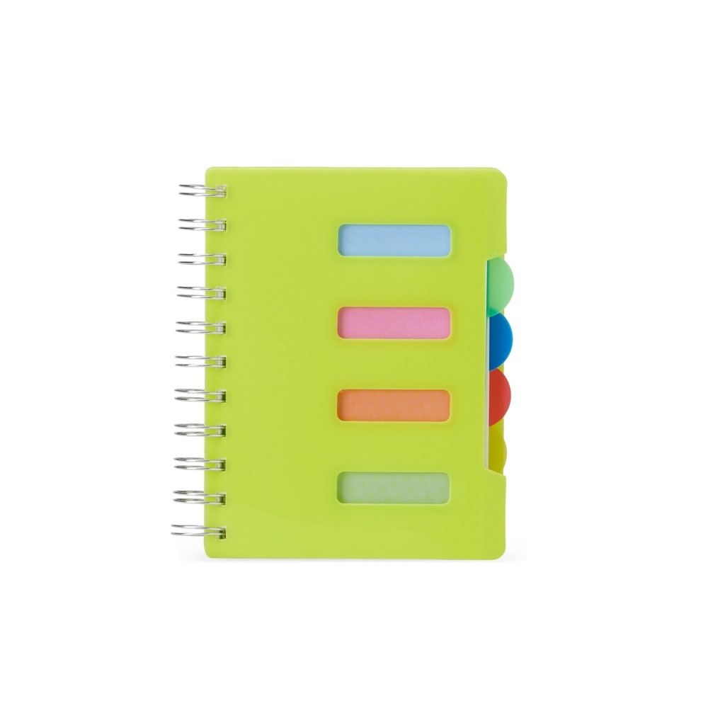 Caderno pequeno com espiral e 103 folhas personalizado com a logo da empresa, na cor verde