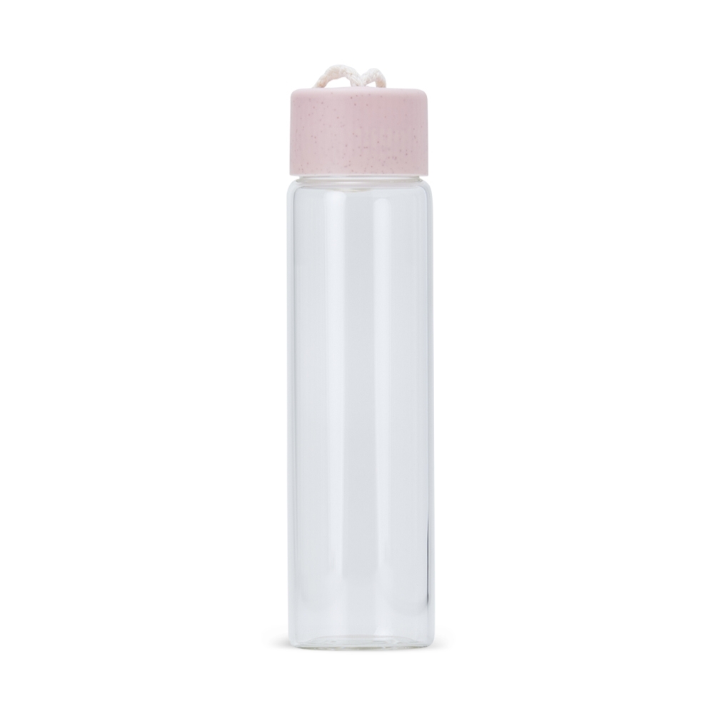 Garrafa de vidro 330 ml com alça na cor Transparente / Rosa, personalizada com a logo da empresa