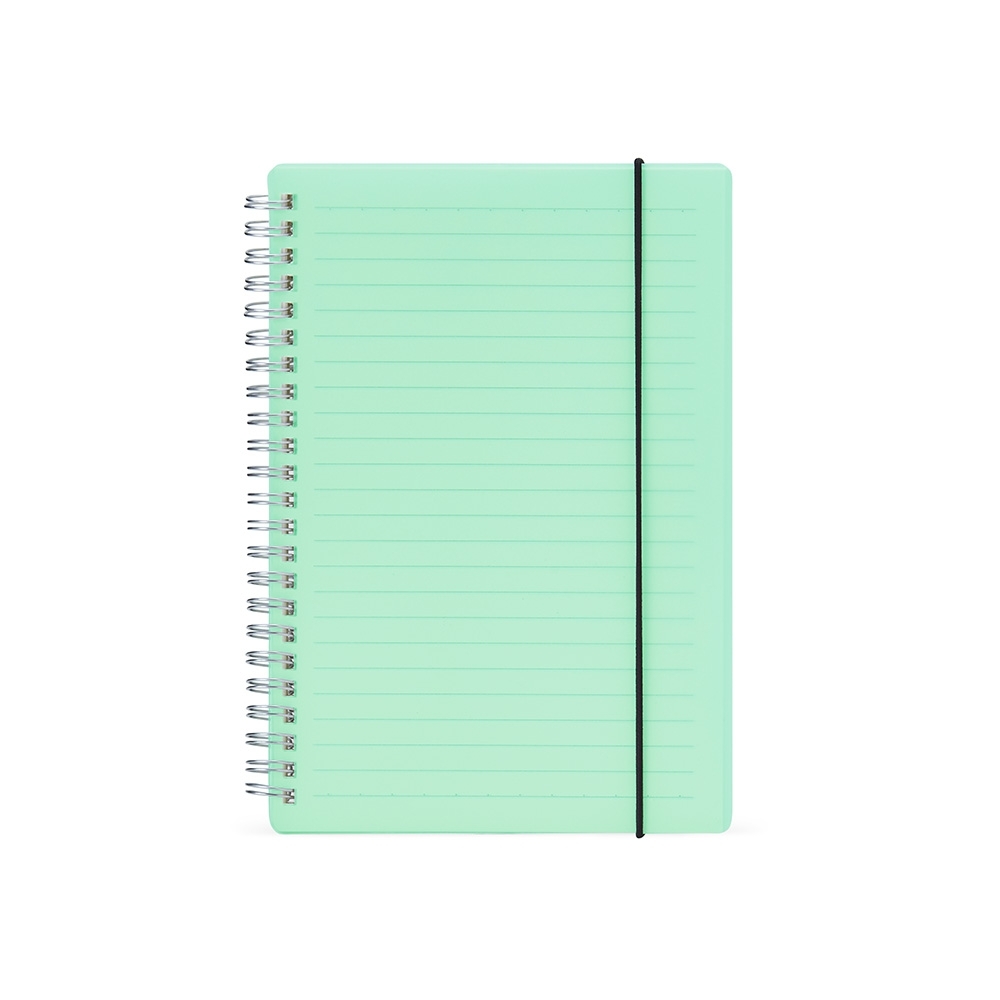 Caderno pautado com capa plástica e 80 folhas na cor Azul, personalizado com a logo da empresa