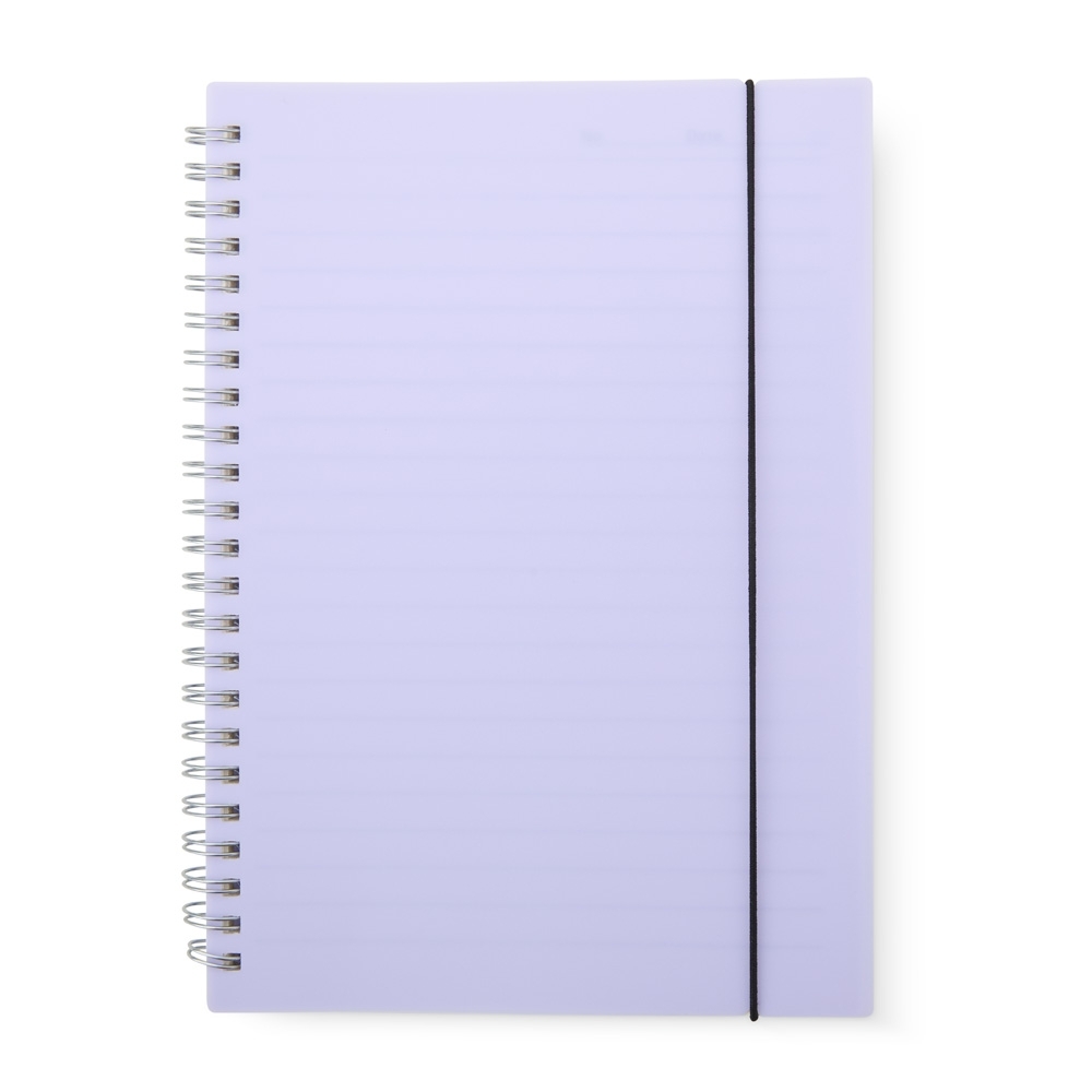 Caderno A5 plástico pautado com 80 folhas personalizado com a logo da empresa, na cor lilás
