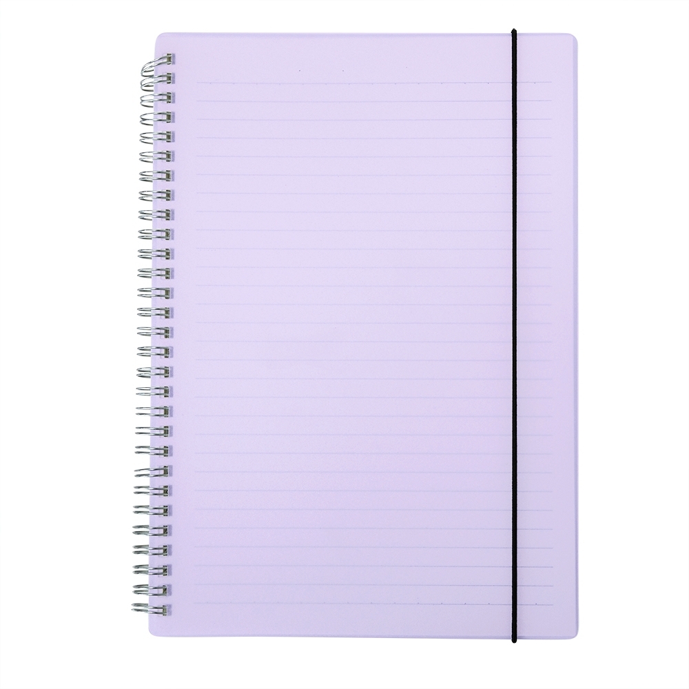 Caderno B5 plástico pautado com 80 folhas personalizado com a logo da empresa, na cor lilás
