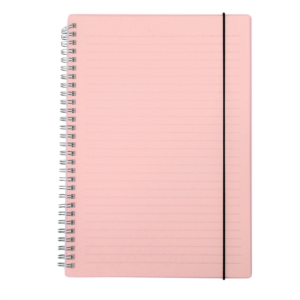 Caderno B5 plástico pautado com 80 folhas personalizado com a logo da empresa, na cor rosa