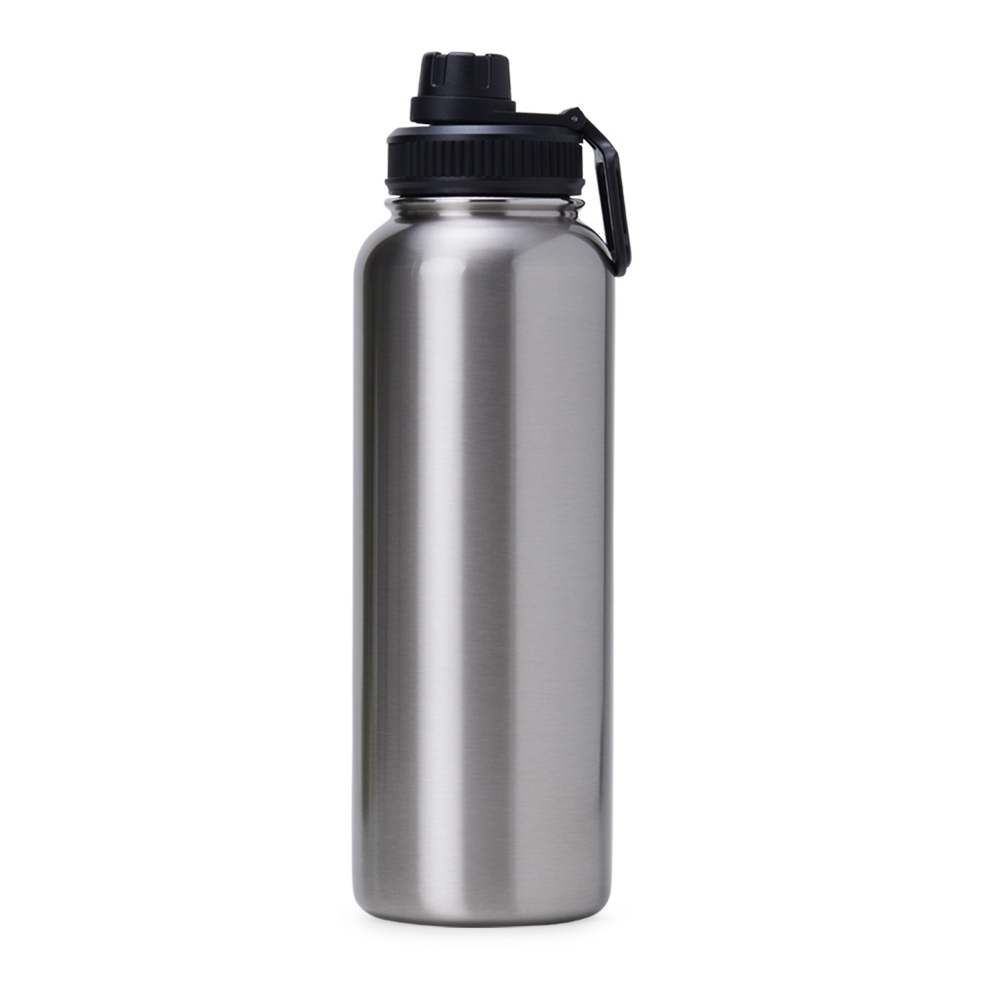 Garrafa térmica 1,2 litro de inox com alça personalizada com a logo da empresa, na cor inox / preto