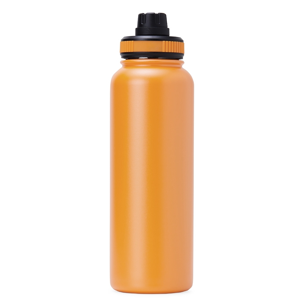 Garrafa térmica 1,2 litro de inox com alça personalizada com a logo da empresa, na cor laranja / preto