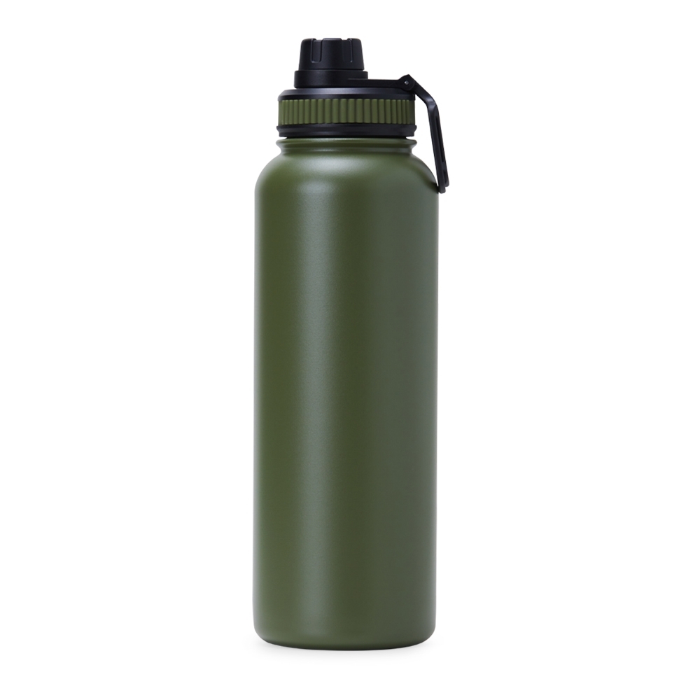 Garrafa térmica 1,2 litro de inox com alça personalizada com a logo da empresa, na cor verde / preto