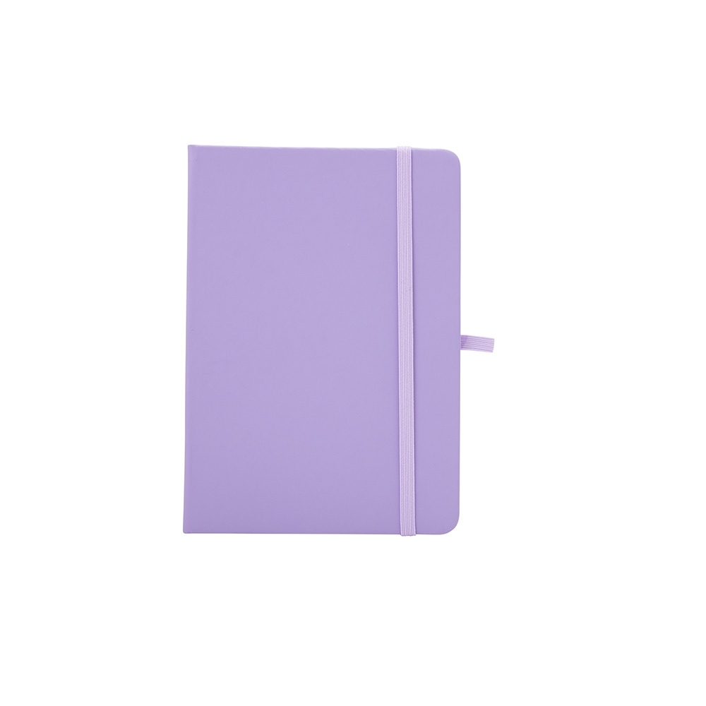 Caderneta emborrachada pautada com porta-caneta e 80 folhas personalizada com a logo da empresa, na cor roxo