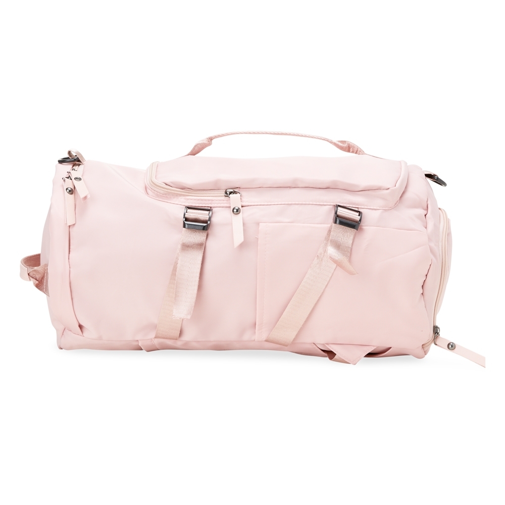 Bolsa esportiva 30 litros de poliéster com 3 compartimentos personalizada com a logo da empresa, na cor rosa