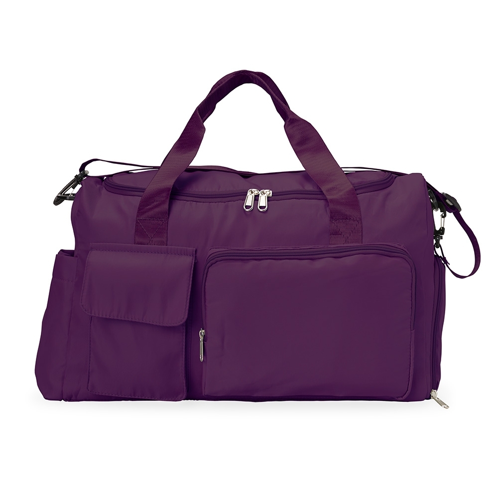 Bolsa esportiva 28 litros de poliéster personalizada com a logo da empresa, na cor roxo