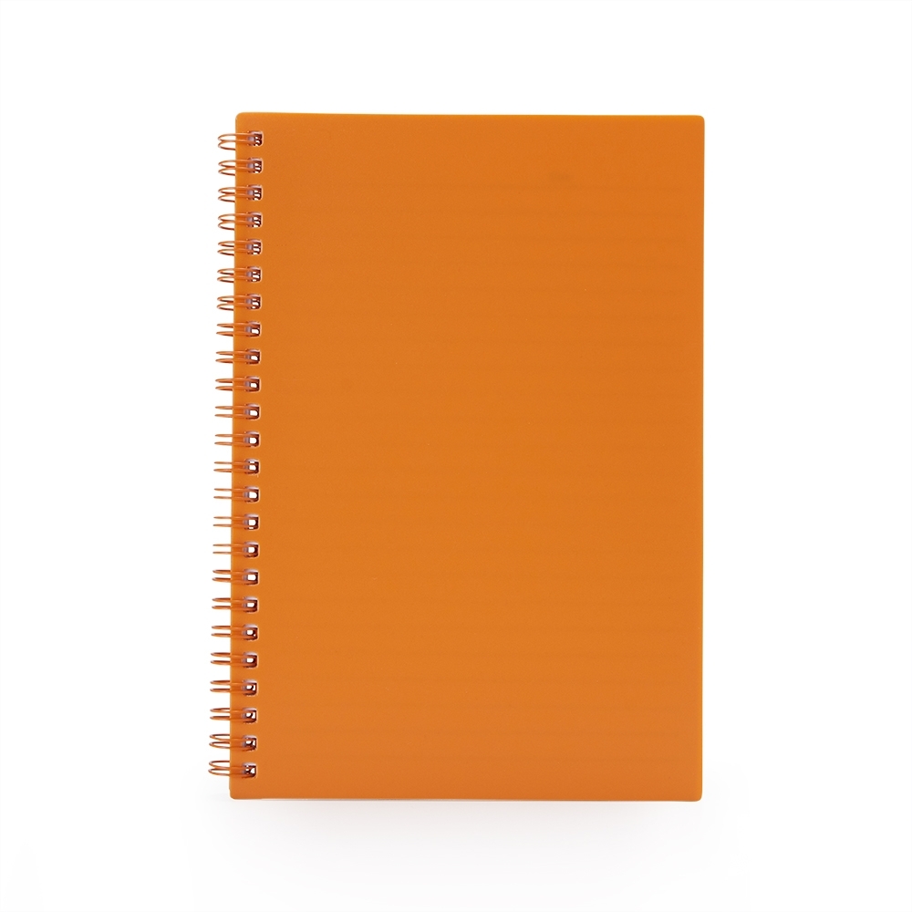 Caderno A5 plástico com espiral e 80 folhas personalizado com a logo da empresa, na cor laranja