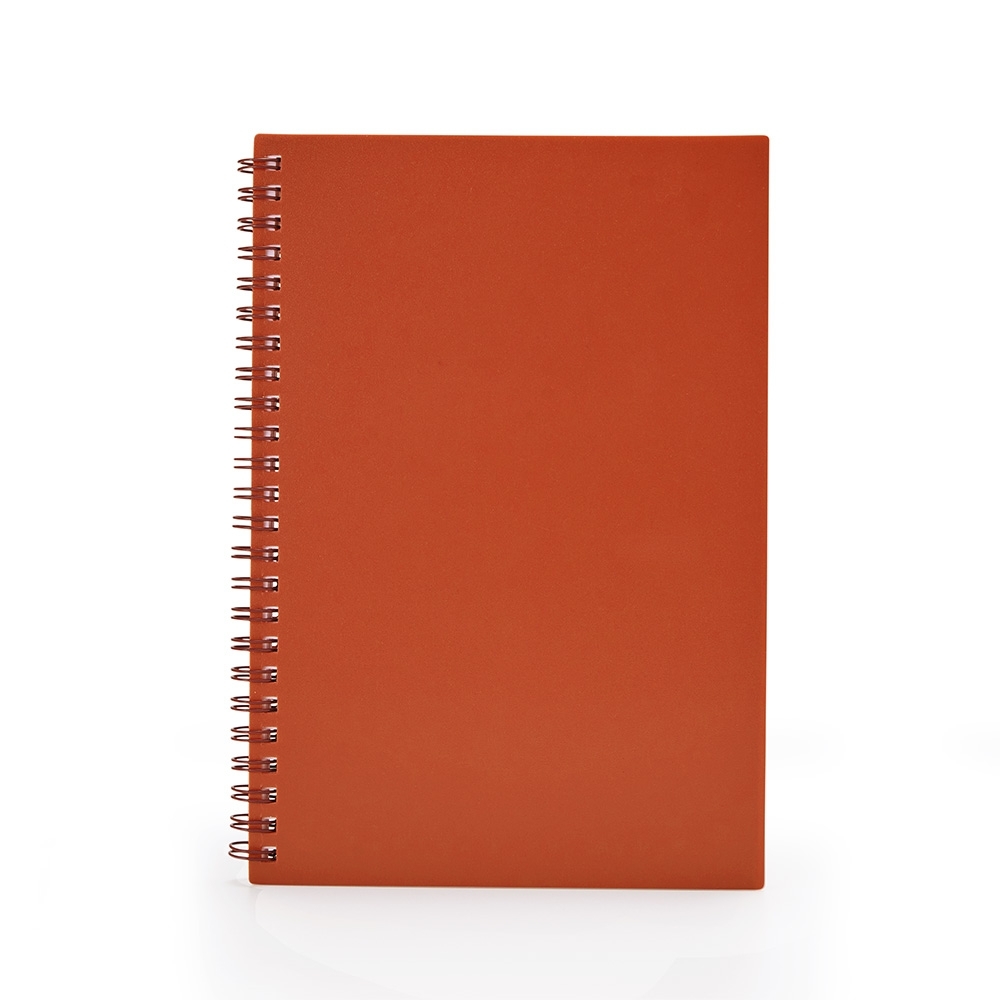 Caderno A5 plástico com espiral e 80 folhas personalizado com a logo da empresa, na cor vermelho