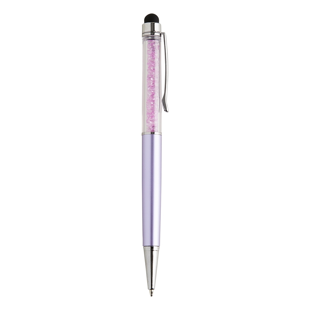 Caneta plástica touch giratória com detalhe em cristal personalizada com a logo da empresa, na cor roxo