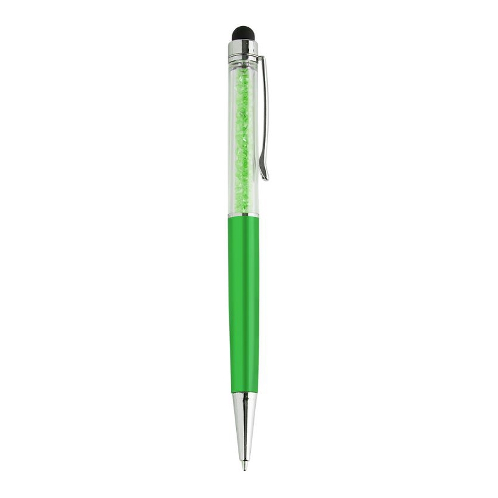 Caneta plástica touch giratória com detalhe em cristal personalizada com a logo da empresa, na cor verde