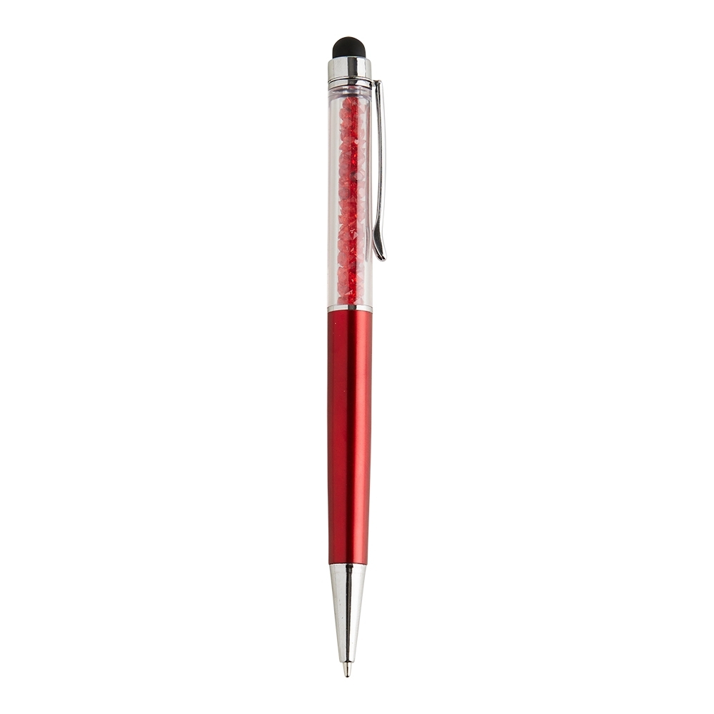 Caneta plástica touch giratória com detalhe em cristal personalizada com a logo da empresa, na cor vermelho
