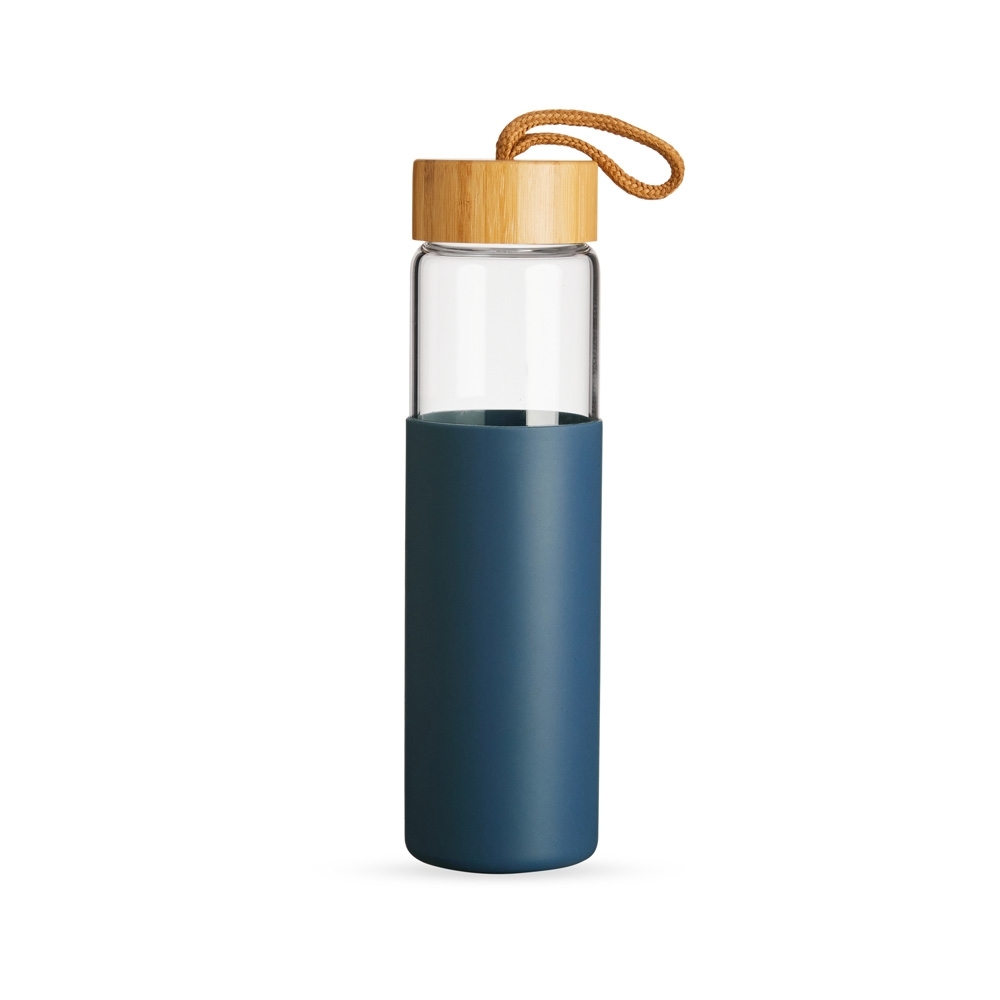 Garrafa em vidro borossilicato 750 ml com tampa de bambu e alça personalizada com a logo da empresa