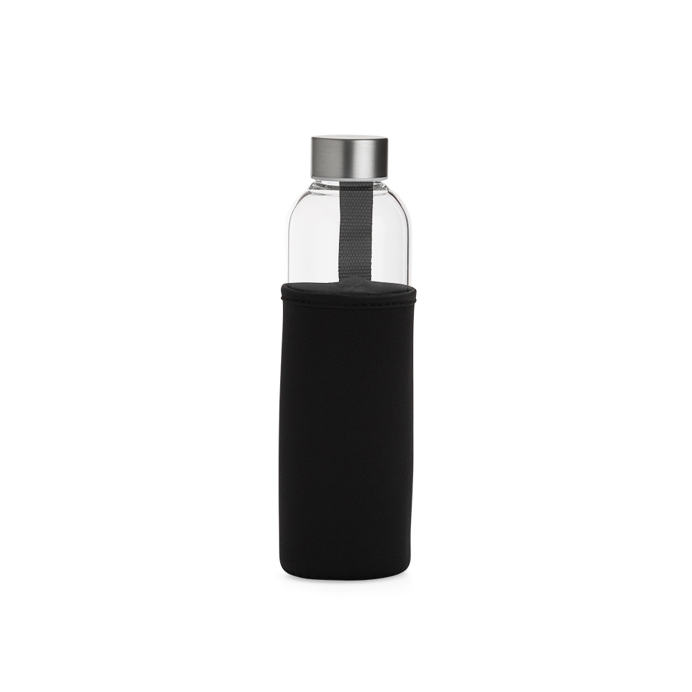 Garrafa em vidro borossilicato 650 ml com tampa de alumínio e alça personalizada com a logo da empresa