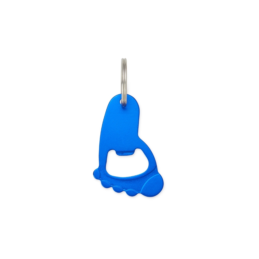 Chaveiro abridor de metal em formato de pé personalizado com a logo da empresa, na cor azul