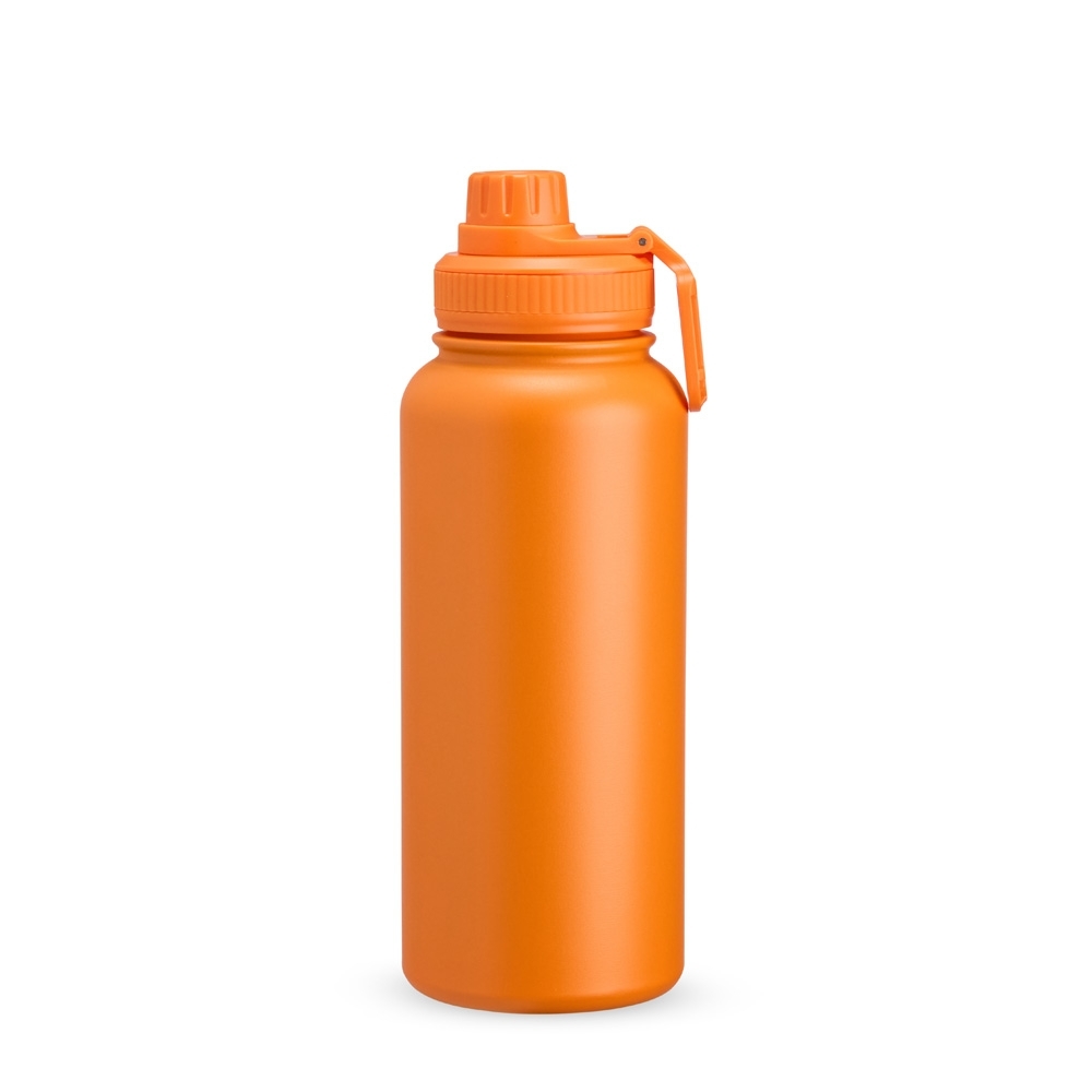 Garrafa térmica inox 1 litro personalizada com a logo da empresa, na cor laranja