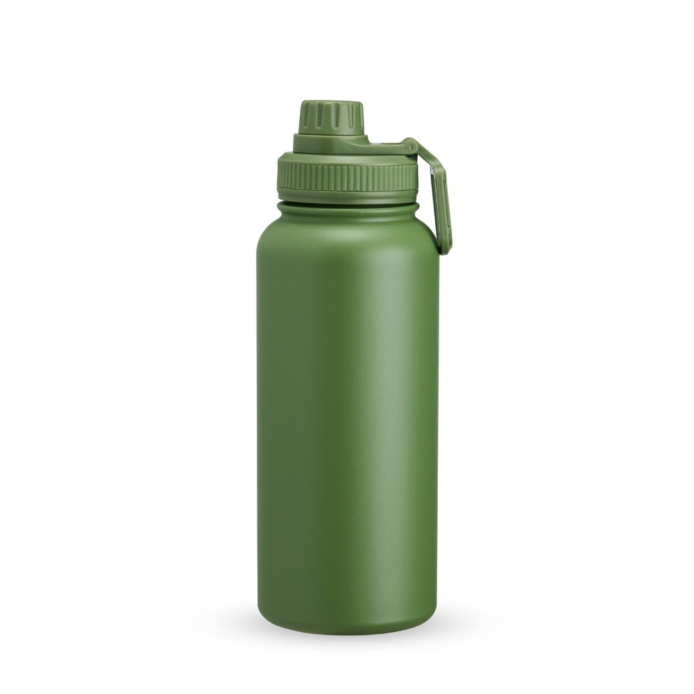 Garrafa térmica inox 1 litro personalizada com a logo da empresa, na cor verde